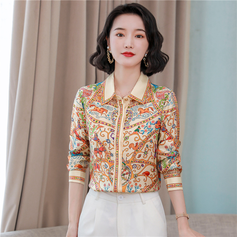 Luxury Satin Printed Runway Shirt 2023 Designer Long Sleeve Office Lady Elegant Button Up Blouse Spring Autumn Winter Vintage Fashion High-End Slim Sw