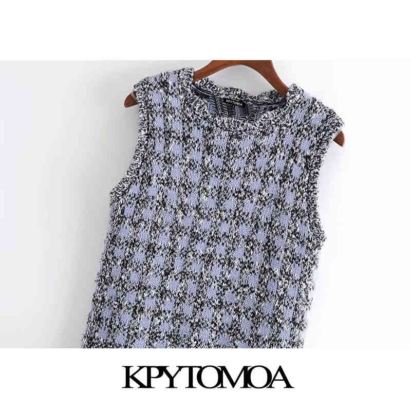 Women Sweet Fashion Bejewelled Buttons Plaid Knitted Mini Dress O Neck Sleeveless Female Dresses Mujer 210420