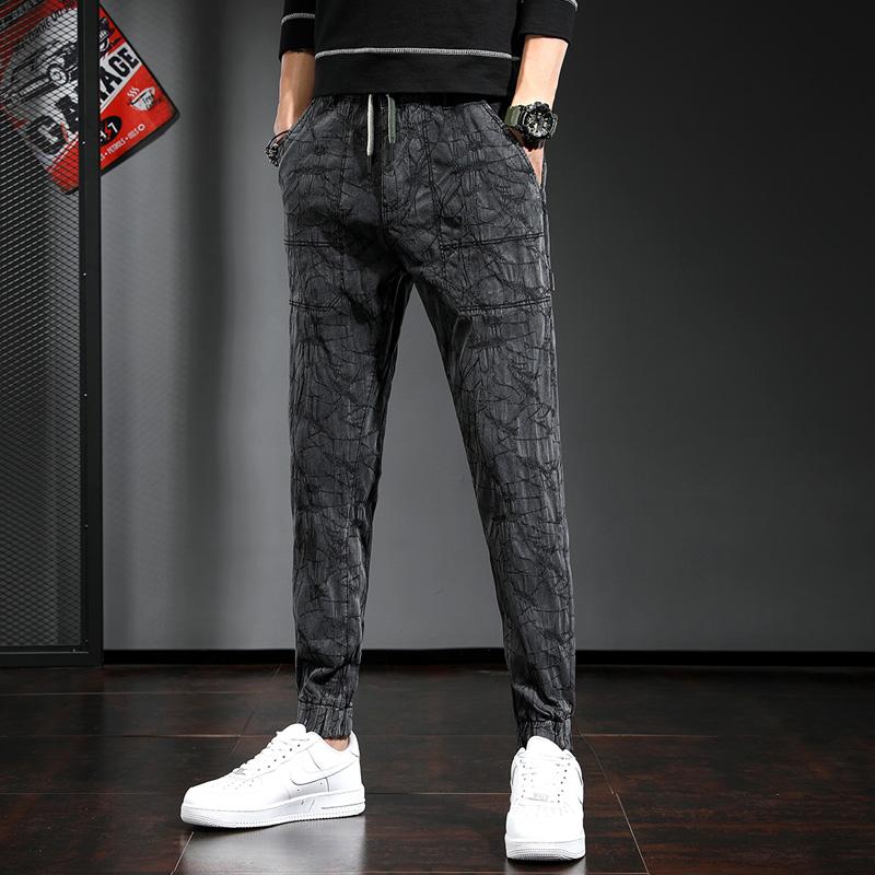 Trousers Fashion Pleated Pattern 2021 Korean Streetwear Men Slim Fit Stretch Pencil Pants Men's