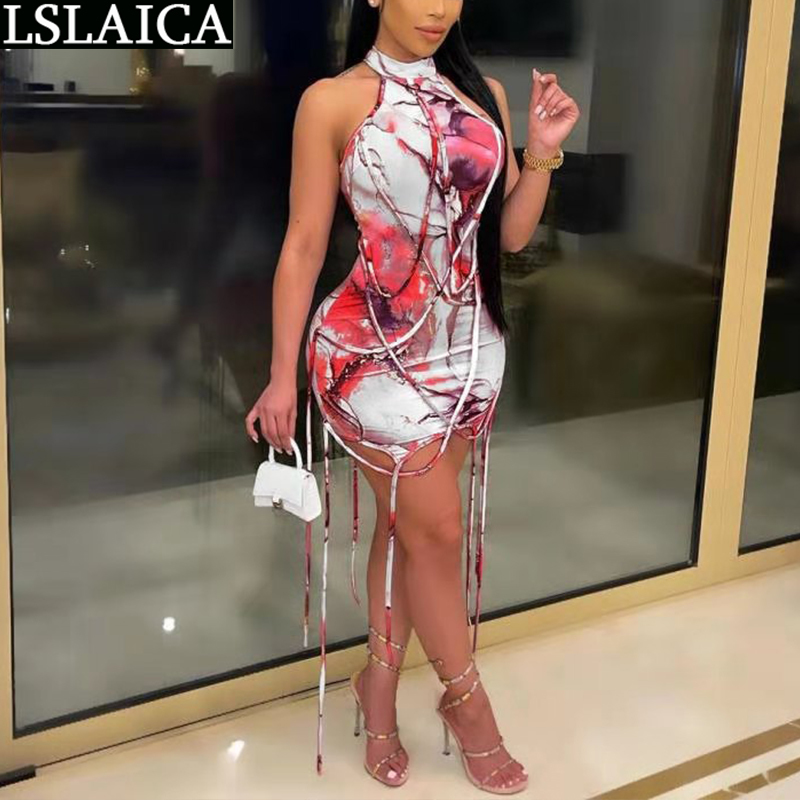 Dresses for Womem Sleeveless Print High Waist Criss-cross Sexy Party Night Club Dress Sex Mini Summer 210515