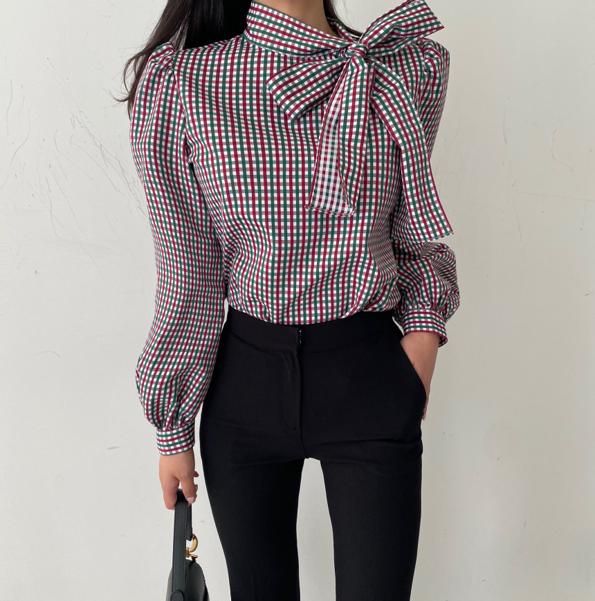 Spring Autumn OL Elegant Minimalist Bow Collar Plaid Shirt Women Blouses Work Wear Chic Loose Puff Sleeve Tops 210421