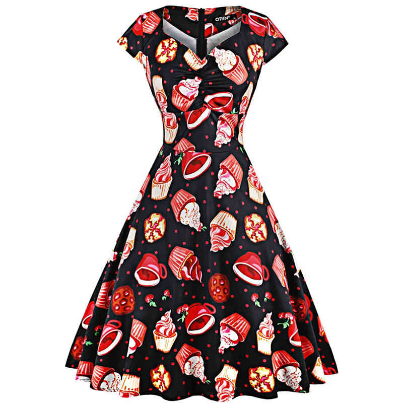 OTEN Halloween Summer skater dress elegant Vintage Red Sugar Skulls Flower print 50s rockabilly Evening Party Plus size Dresses 210409