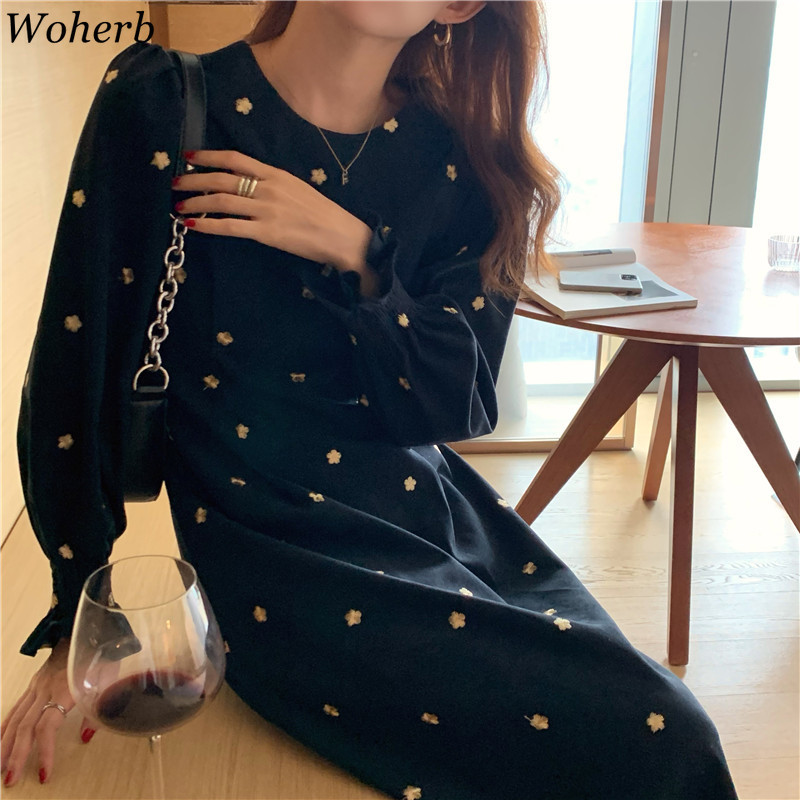 Korean Chic Long Puff Sleeve Maxi Dress Women Vintage Floral Embroidery Black High Waist Dresses Vestidos De Mujer 210519