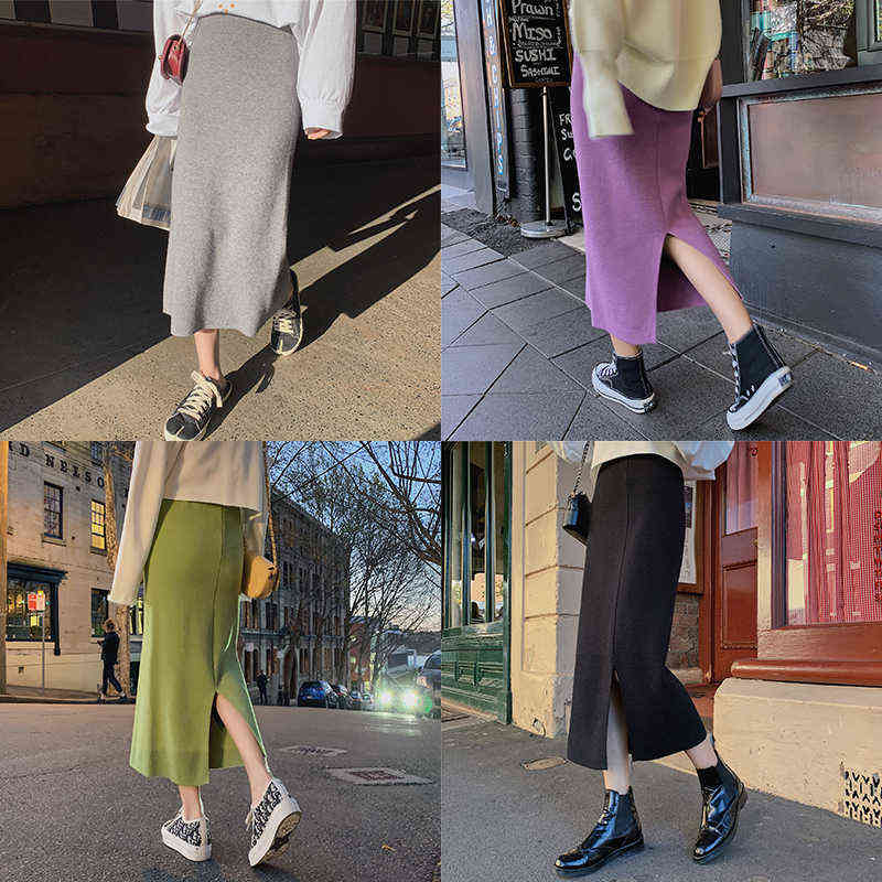 High Elastic Waist Women Long Skirt Knitted Pencil Skirt Wool Autumn Split Skirts Female Black Winter Solid Knitting One-step 211119