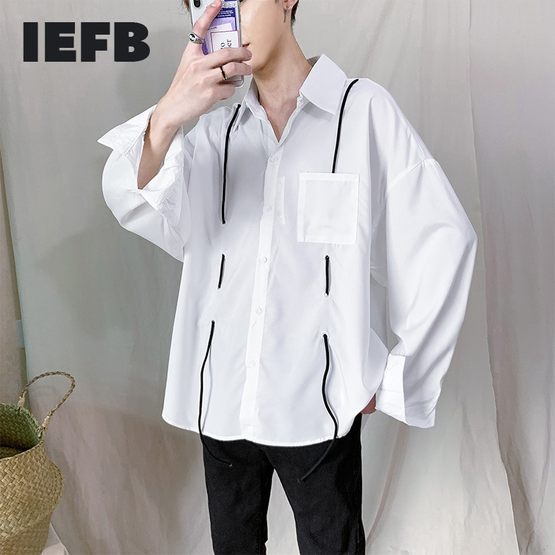 IEFB /men's wear korean oversize Shirt male Spring fashion drawstring loose long sleeve solid color tops 9Y1959 210524