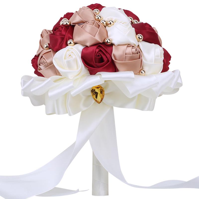 Golden Pearl Bride And Bbridesmaid Holding Bouquet Satin Rose Wedding Supplies W302 Decorative Flowers & Wreaths