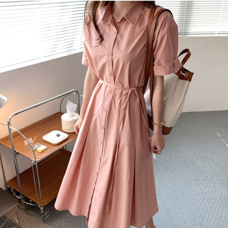 Casual Midi Dress French Korean Short Sleeve Belt Temperament Loose Fit Fashion Summer Women's 2P1661 210526