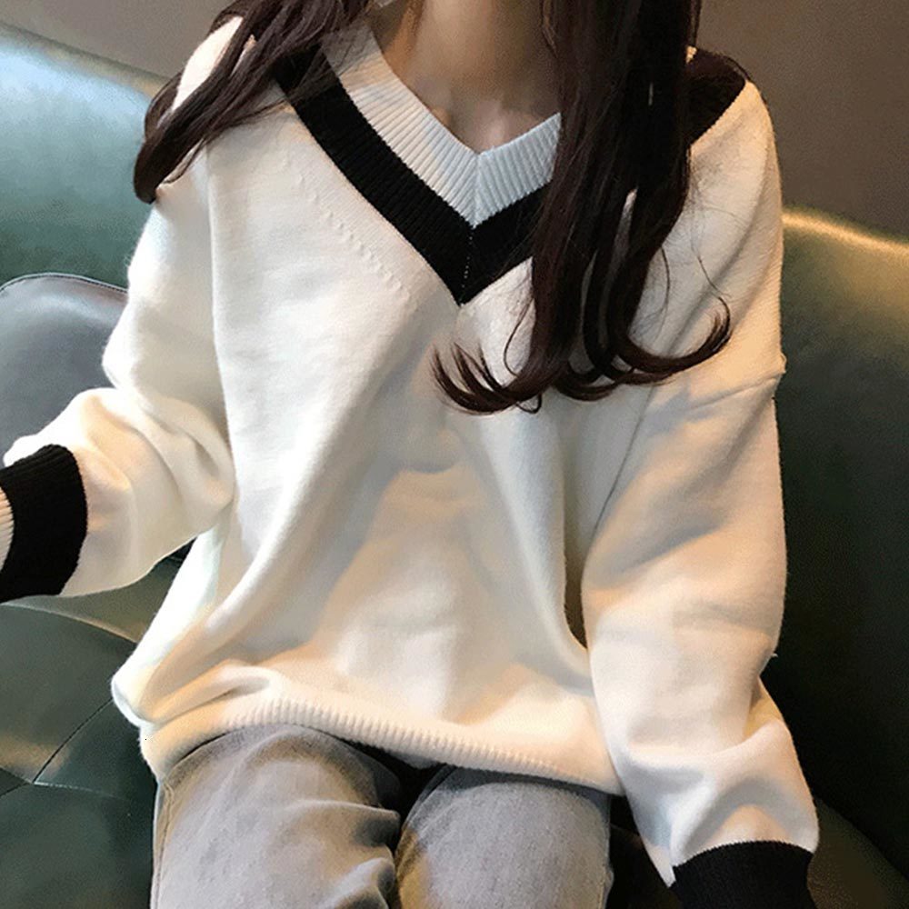 Autumn Winter Women's Sweaters Black White Pullover Korean Style Minimalist Casual Office Lady V Neck 210428