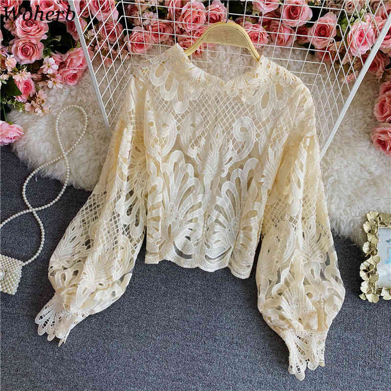 Blusas Mujer De Moda Stand Neck Lantern Sleeve Shirts Tops Hollow Out Chic Loose See Through Blouses Women 210519