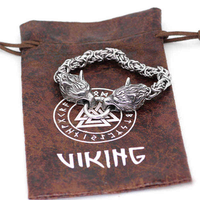 Never Fade Nordic Punk Viking Wolf Charm Bracelet Men Stainless Steel Chain Wristband Gold Head Bangles Accessories Jewelry 211124