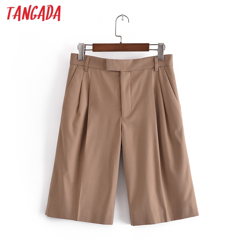 Women Elegant Solid Khaki Side Zipper Pockets Vintage OL Shorts Pantalones 3H265 210416