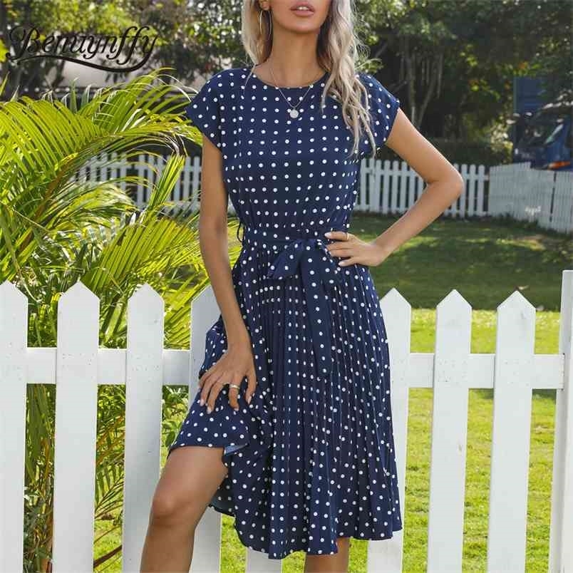 O-Neck Polka Dot Summer Dresses Cap Sleeve Women Knee Length Shirred Elegant Office Lady Belted A-Line Dress 210510