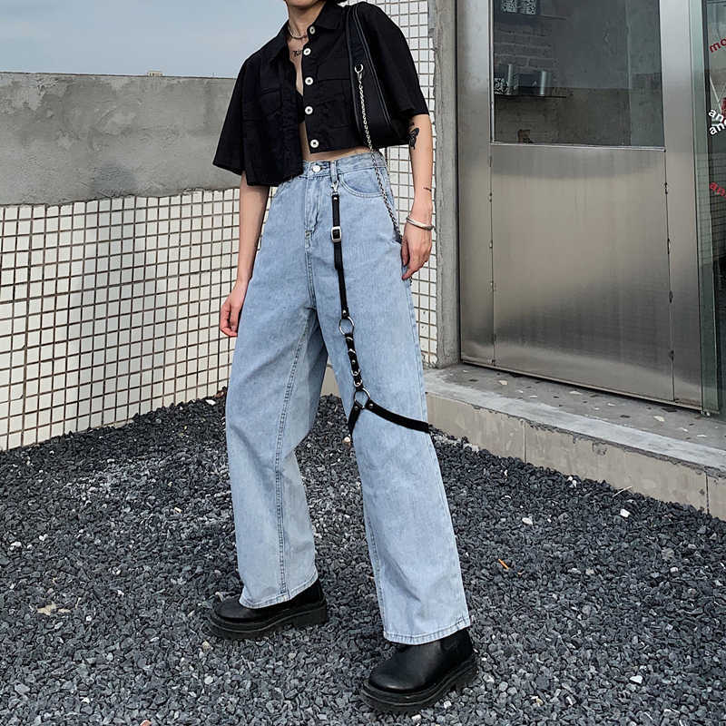 Baggy High Waist Women's Jeans Streetwear Light Colour Straight Pants Harajuku Fashion Denim Trouser Black Leather Buckle 210922