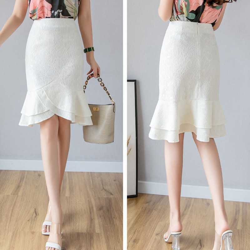 SEXMKL Plus Size White Lace Skirt Women Summer High Waist Black s Sexy Office Lady Ruffles Pencil Jupe Femme 210621