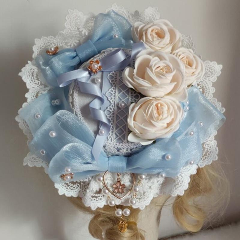 Stingy Brim Hats Japanese Lolita Lace Bonnet Top Hat Sweet Bowknot Rose Flower Heart Pendant Flat Cap Kawaii Cosplay Side Hair Clip 066F, Blue;gray
Stingy Brim Hats Japanese Lolita Lace Bonnet Top Hat Sweet Bowknot Rose Flower Heart Pendant Flat Cap Kawaii Cosplay Side Hair Clip 066F, Blue;gray
