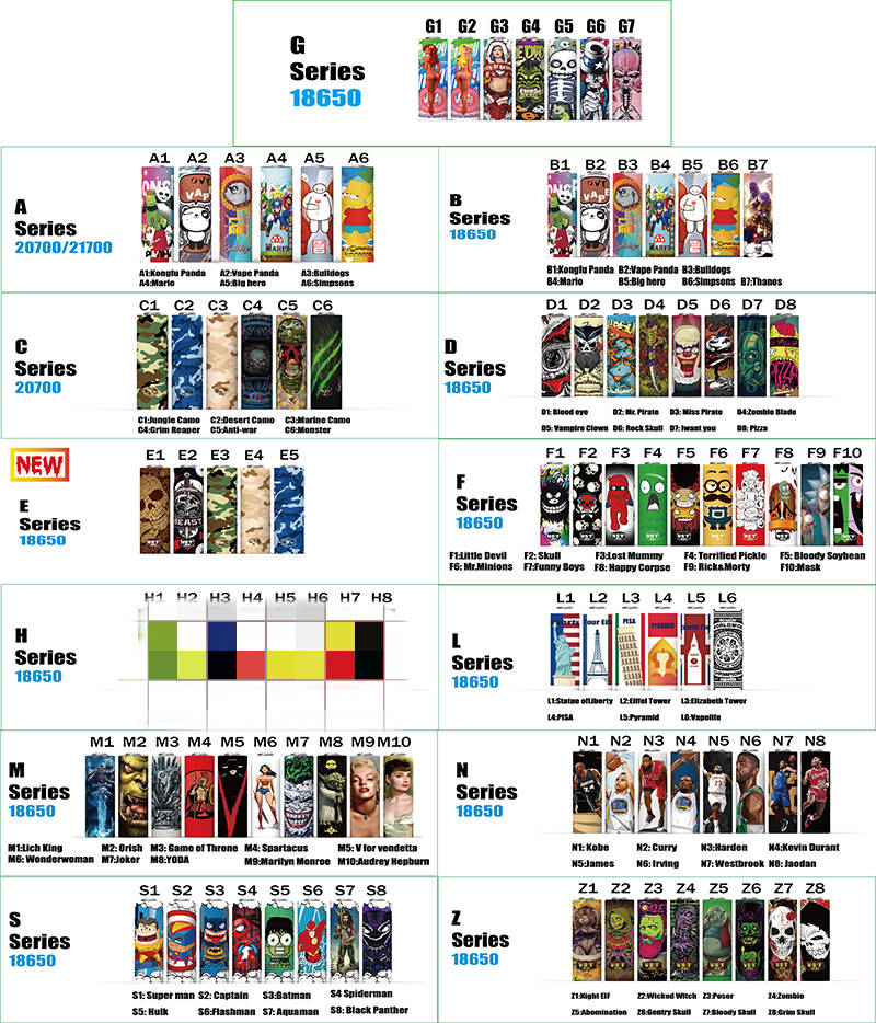 DHL 97 Types 18650 20700 21700 Series Decorated Battery Wraps PVC Re-wrap Skin Sticker Wrapper Heat Colorful Patterns For Batteries
DHL 97 Types 18650 20700 21700 Series Decorated Battery Wraps PVC Re-wrap Skin Sticker Wrapper Heat Colorful Patterns For Batteries