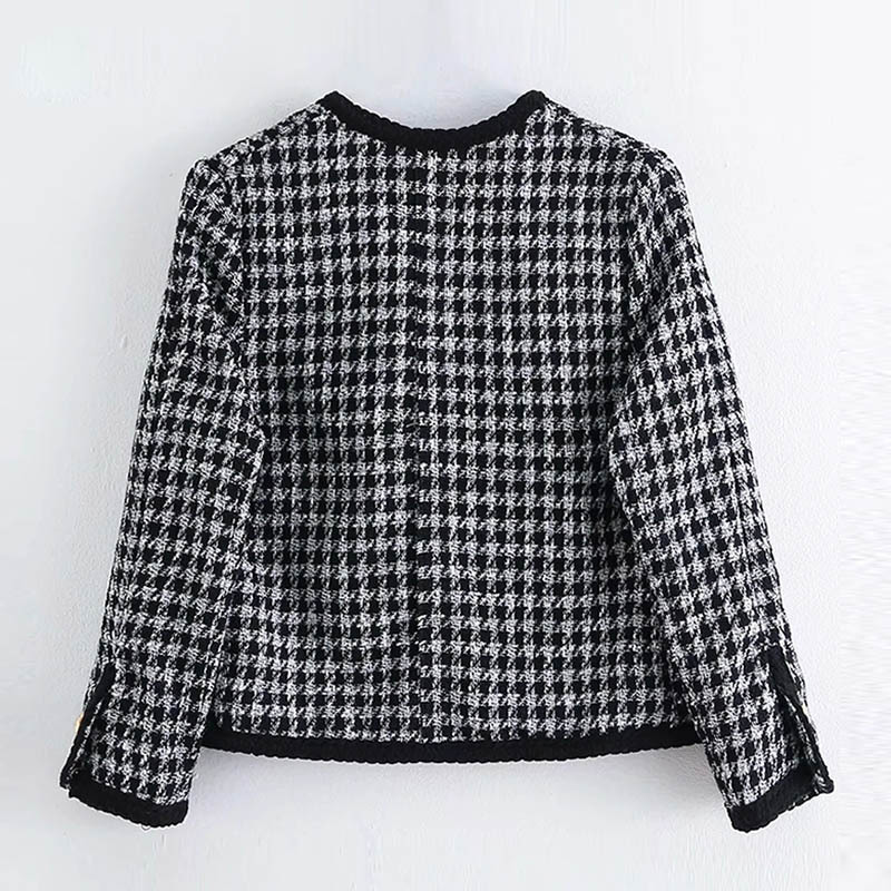 Vintage Plaid Tweed Jacket Coat With Buttons Women Stylish V Neck Short Cardigan Tops Houndstooth Long Sleeve Jackets 210515