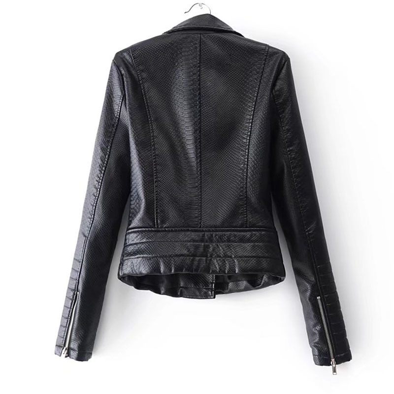 women's fashion snake zipper PU suit collar slim slimming locomotive female jacket coat black 210507