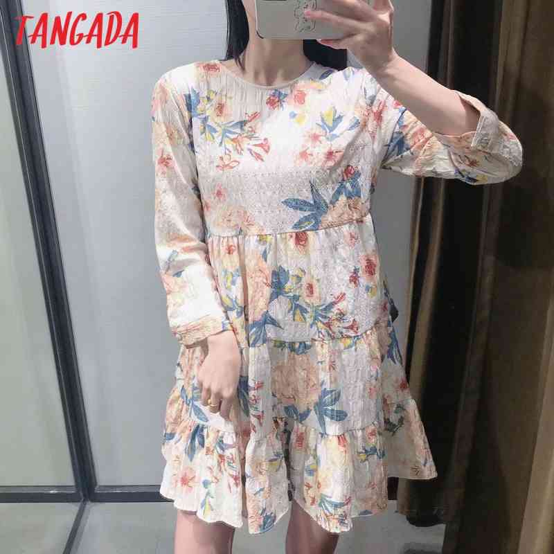 Fashion Women Vintage Flowers Print A-line Long Sleeve Casual Female Short Pleated Dress 3H191 210416