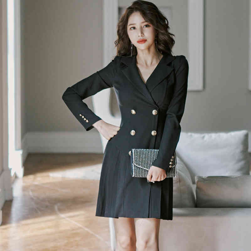 Autumn and winter Korean style Office Ladies Lapel Pleated skirt Work Business Mid-length Double-breasted Women Dress 210506