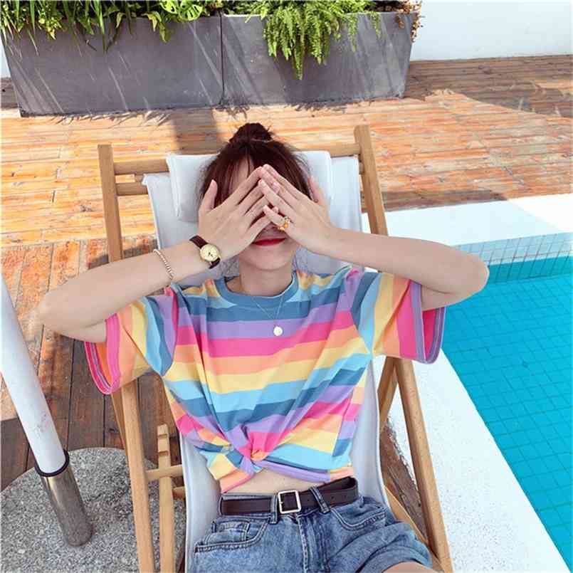 Dreamlikelin Beach Style Rainbow Striped Crop Top Fashion Girl Short Sleeve T Shirt for Women Summer Female Kawaii Tops 210708
Dreamlikelin Beach Style Rainbow Striped Crop Top Fashion Girl Short Sleeve T Shirt for Women Summer Female Kawaii Tops 210708