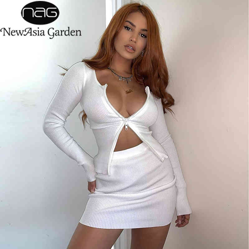 NewAsia Garden Ribbed Knit Two Piece Set Women Double Zipper Split Sleeve Casual Mini Skirt Set Sexy White Two Piece Outfits 210413