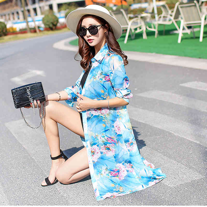 Summer Long Shirt Women Beach Sun Protection Clothes Floral Loose Sleeve Cardigan Chiffon Blouse Print Tops 9127 50 210508