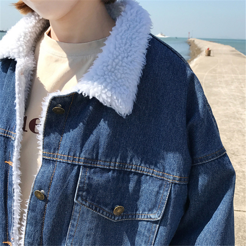 Jacket Women Denim Winter Lamb Wool Loose Long Sleeve Velvet Thin Cotton Vintage Button Coat 210428