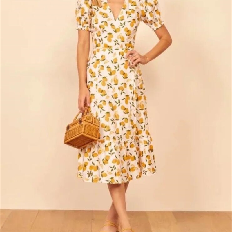 Vintage France V neck Orange Lemon Print Wrap Dress Holiday Woman Tie Bow Waist Short Sleeve Slit Midi Tea Dresses 210429