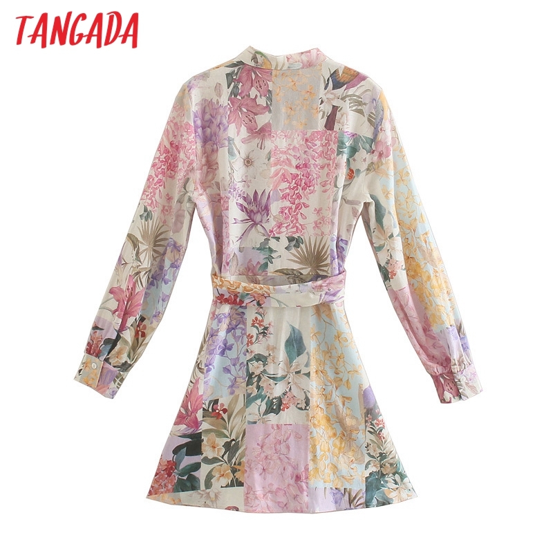Fashion Women Flowers Print Shirt with Slash Long Sleeve Casual Female Short Dress 5Z90 210416