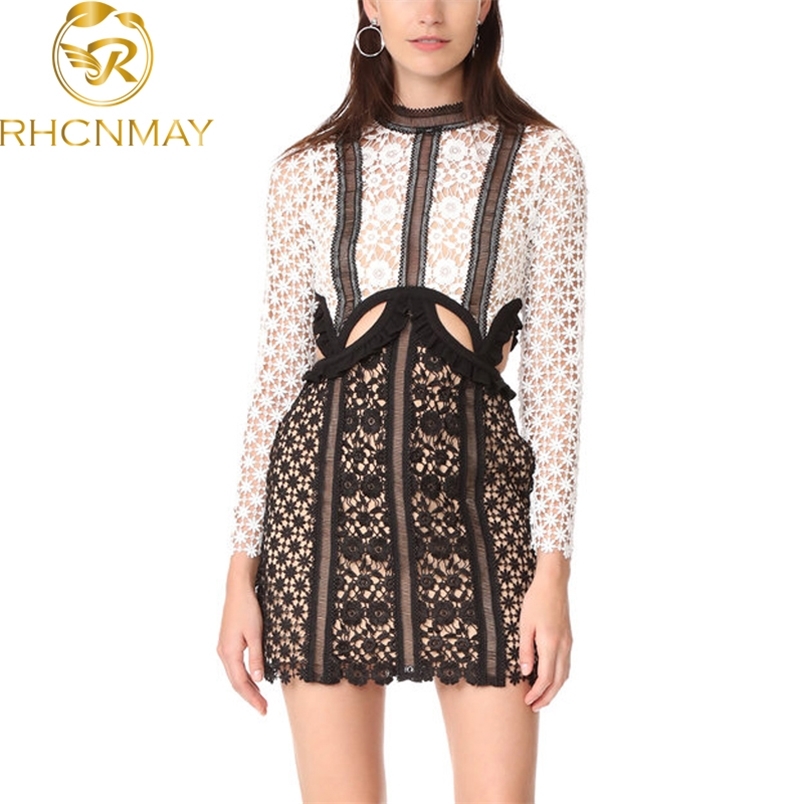 Summer Self Portrait Dress Runway Women Long Sleeve Lace Patchwork Dew Waist Hollow Out Bodycon Mini Party 210506