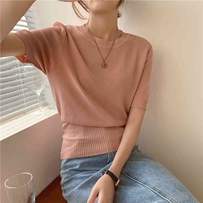 Summer Thin Knitted T Shirt Tees Women Short Sleeve O-neck Tops Solid Casual Fashion Korean T-shirt Femme 210514