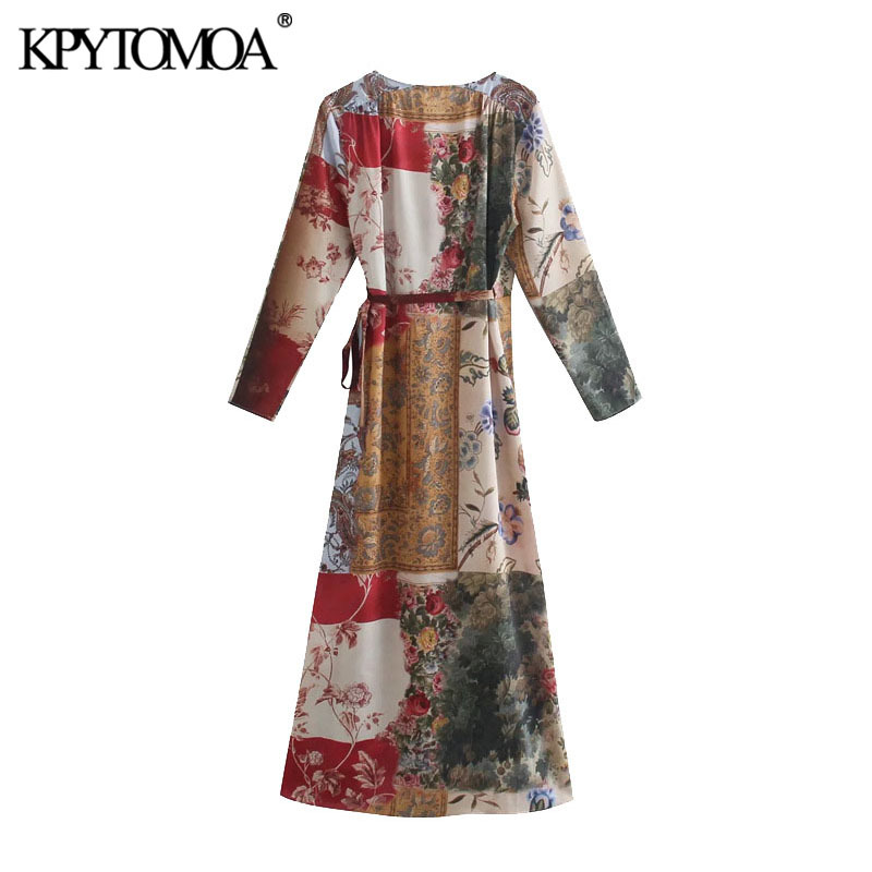 Women Fashion With Belt Print Patchwork Crossover Midi Dress V Neck Long Sleeve Female Dresses Vestidos 210420