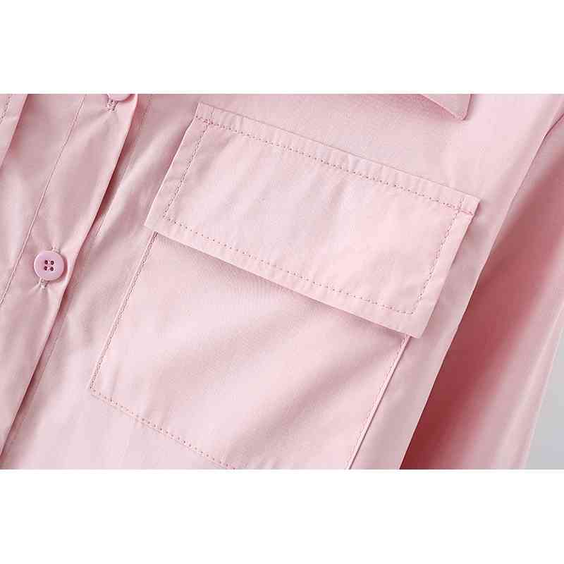 Elegant Women Solid Pink Shirts Fashion Ladies Turn Down Collar Streetwear Female Chic Pocket Short Blouses 210430