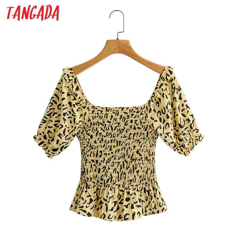 Women Retro Leopard Print Crop Short Sleeve Summer Chic Female Sexy Slim Shirt Tops 1F49 210416