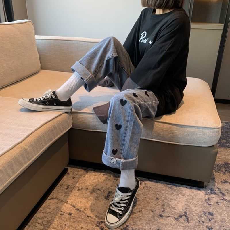 Love Embroidered Jeans Women Harajuku Street Summer Punk High Waist All-match Pant Trend Straight Wide Leg Loose Lovelly Trouser 210526