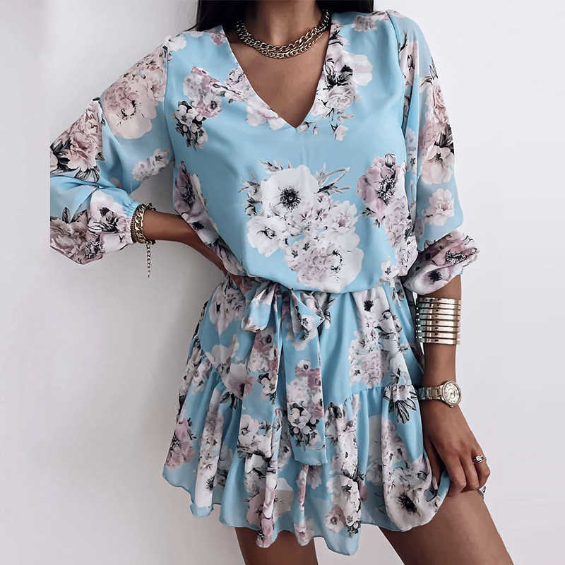 Trending Dresses for Women Spring Summer V Neck Floral Print Ruffle Casual Party Beach Robe Femme Vestido A Line Mini Dress 210630