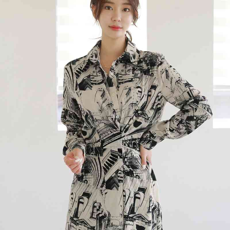 Korea Women Prints Dress Autumn Lapel Long sleeves Waist fold Slim Fashion Chic Streetwear printing Dresses 210506