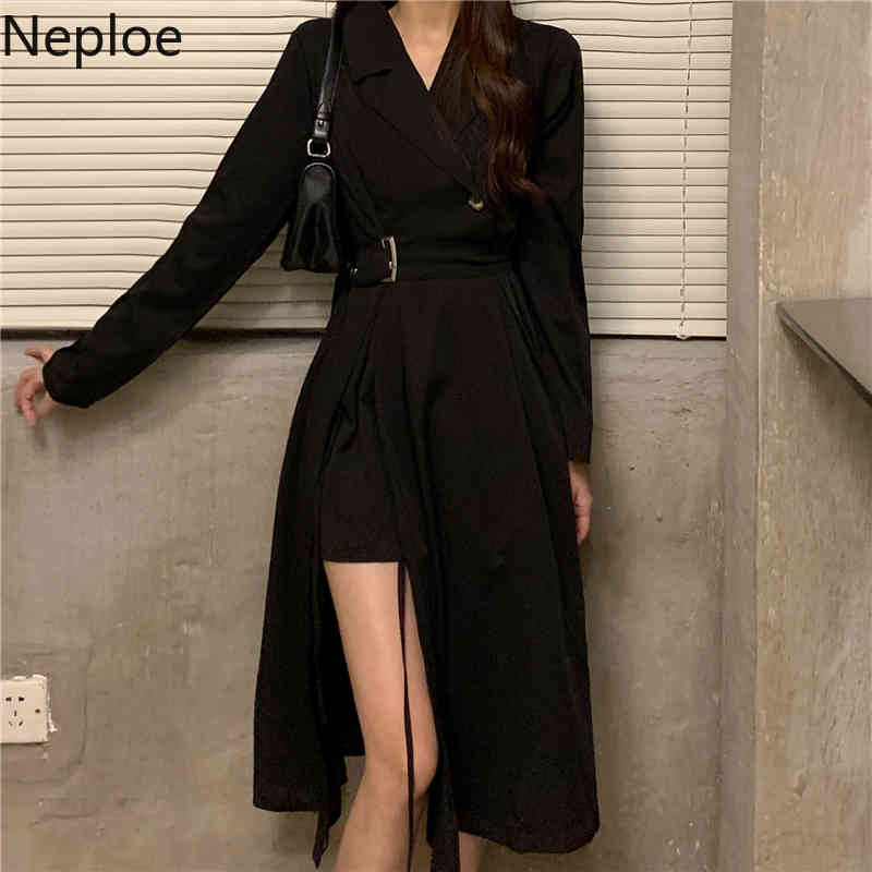Neploe Maxi Dresses for Women Fashion Black Korean Dress Side Split High Wasit Slim Fit Robe Summer Temperament Vestido De Mujer 210422