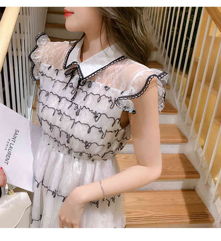 Summer Women Mesh Dress Elegant Chic Embroidery Sleeveless High Waist Party Tulle Midi 210519