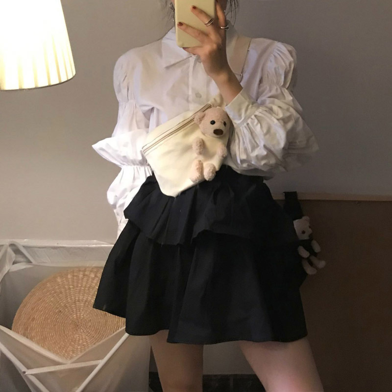 Nomikuma Autumn Women Blouse Korean Pleated Puff Long Sleeve Blusas Causal Turn-down Collar Single Breasted Shirt 6D189 210427