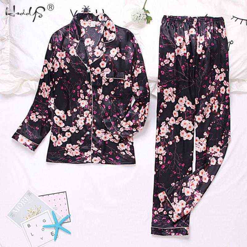 Autumn Winter Print Pattern Women Pajama Set Satin Silk Turn-down Collar Pajamas Sleepwear Long Sleeve Trousers Two Paper Suit 211112