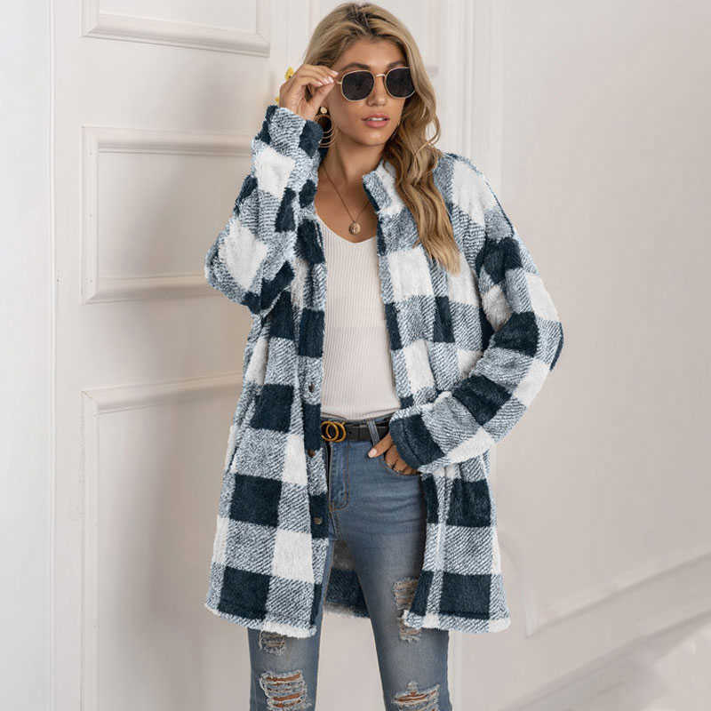 Autumn Long Faux Fur Coat Women Plaid Jacket Winter Coat Women Long Sleeve Fluffy Teddy Jacket Ladies Warm Plush Jacket Female 211019