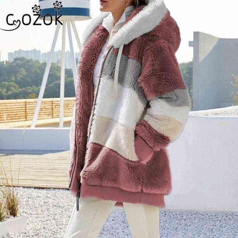 5XL Women Hooded Jacket Warm Plush Casual Loose Hooded Coat Mixed Color Patchwork Winter Outwear Zipper Ladies Coat 220112