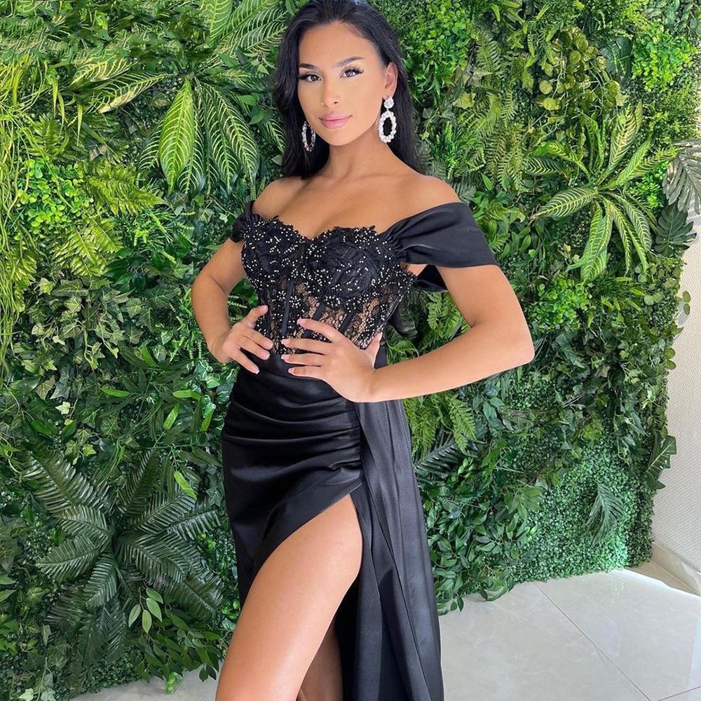 

Black Mermaid High Split Evening Dresses Gowns Satin Beaded Elegant Sexy Prom Formal Gown Pleat Arabic Dubai Vestidos De Fiesta robe de soiree 2022, Champagne