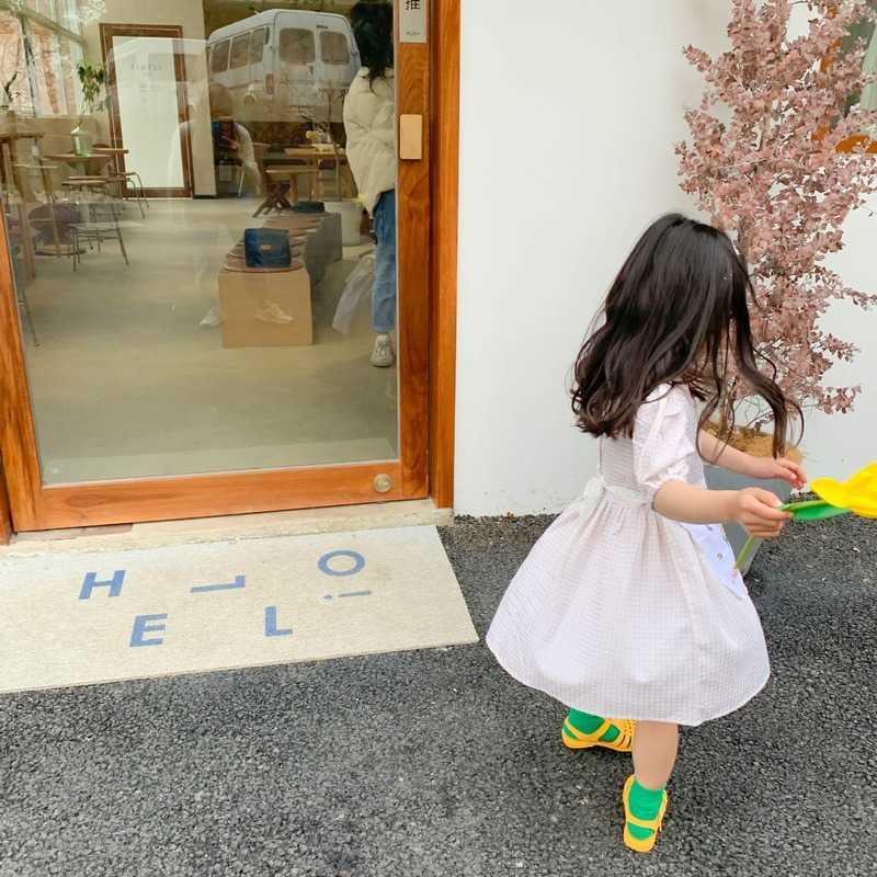 Korean style summer baby girls plaid loose short sleeve dresse cotton patchwork bib princess dresses 210615