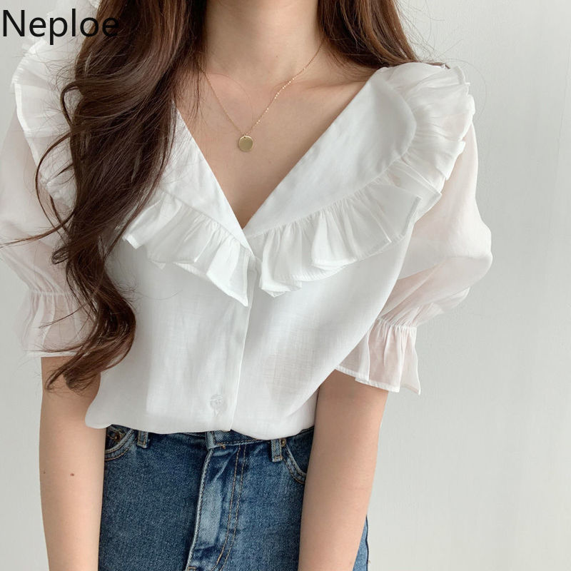 Neploe Korean Summer Shirts Chic Ruffles Elegant Blouses Women Clothes Sweet Puff Lseeve Chiffon Tops Blusas Mujer De Moda 210422