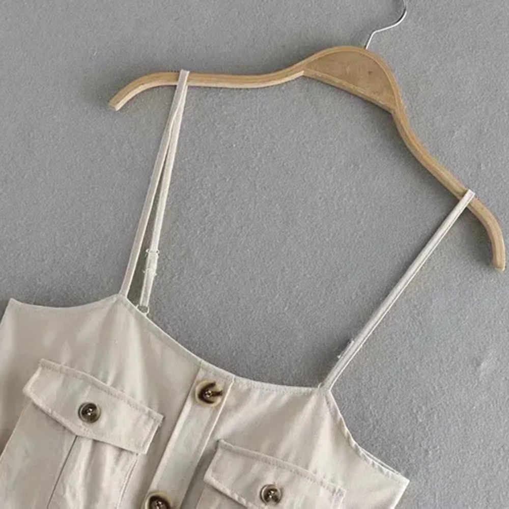 BBWM Safari Style Spaghetti Strap Jumpsuit Women Open Button Lacing up Bow Waist Short Pants Romper Cotton Linen Playsuits 210520