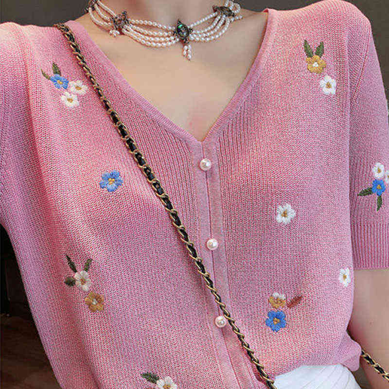 Floral Embroidery Thin Knitted Cardigans Sweaters Summer Women Korean Fashion V-neck Short Sleeve Single-breasted Ice Silk Tops 211117