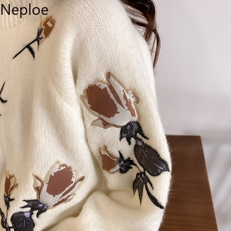 Neploe Heavy Embroidery Rose Pullovers Chic Sweet Knitted Sweaters Women Autumn Winter Clothes Sueter Thicked Warm Pull Femme 210422
